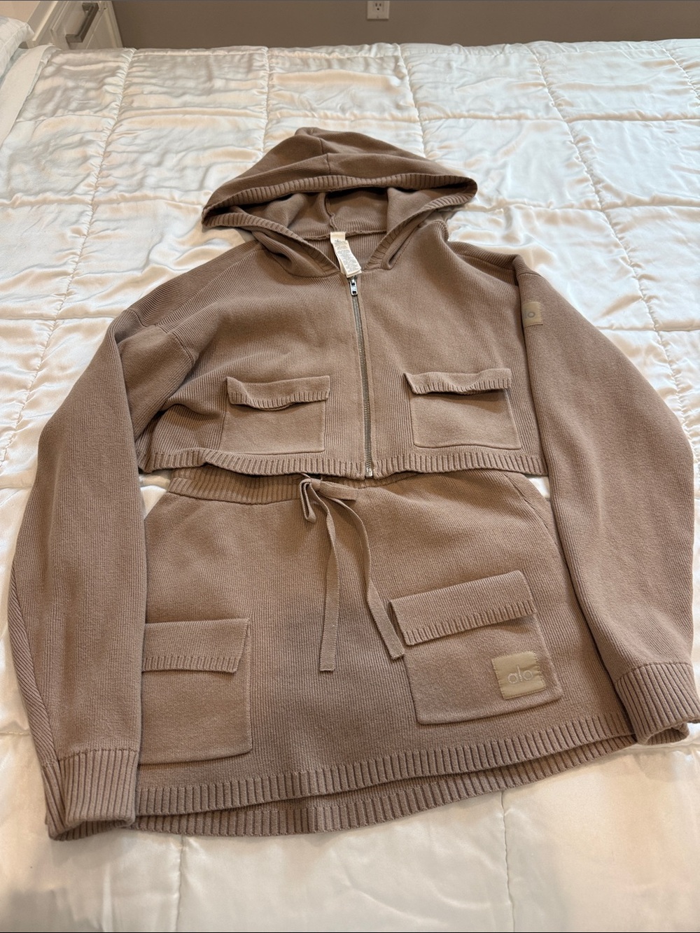 ALO Yoga Taupe Knit Hoodie & Drawstring Skirt Set